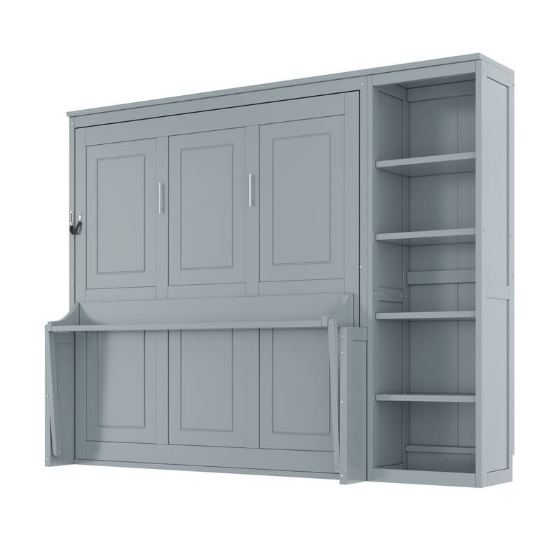 Full/Queen Size Murphy Bed with Bulit-in Desk and Bookshelf, Foldable Murphy Cabinet Bed with Open Storage Shelves
