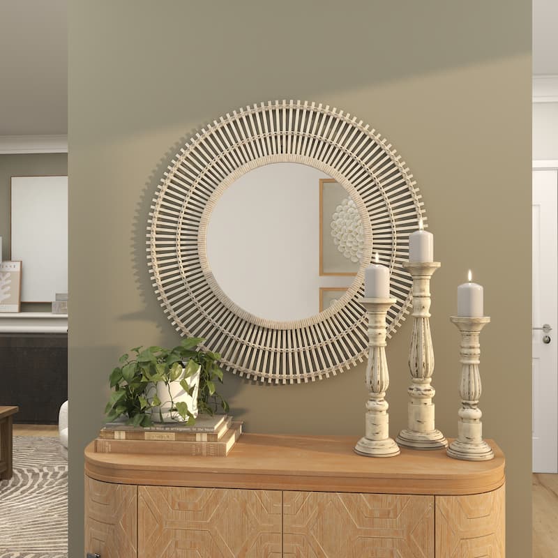 Bamboo Wood Starburst Handmade Stick Wall Mirror with Wrapped Rattan - Cream or Brown - Roche River Decor