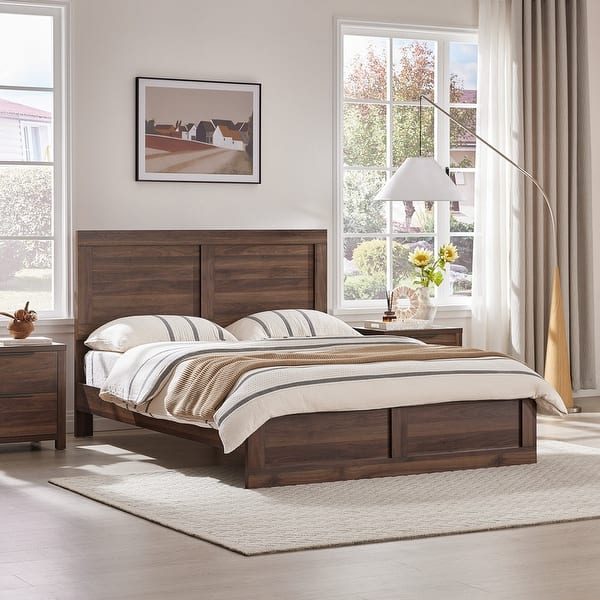 Spruce & Spring Scout 3-Piece Solid Wood Bed Set with Platform Bed Frame and 2 Nightstands - Walnut - Queen