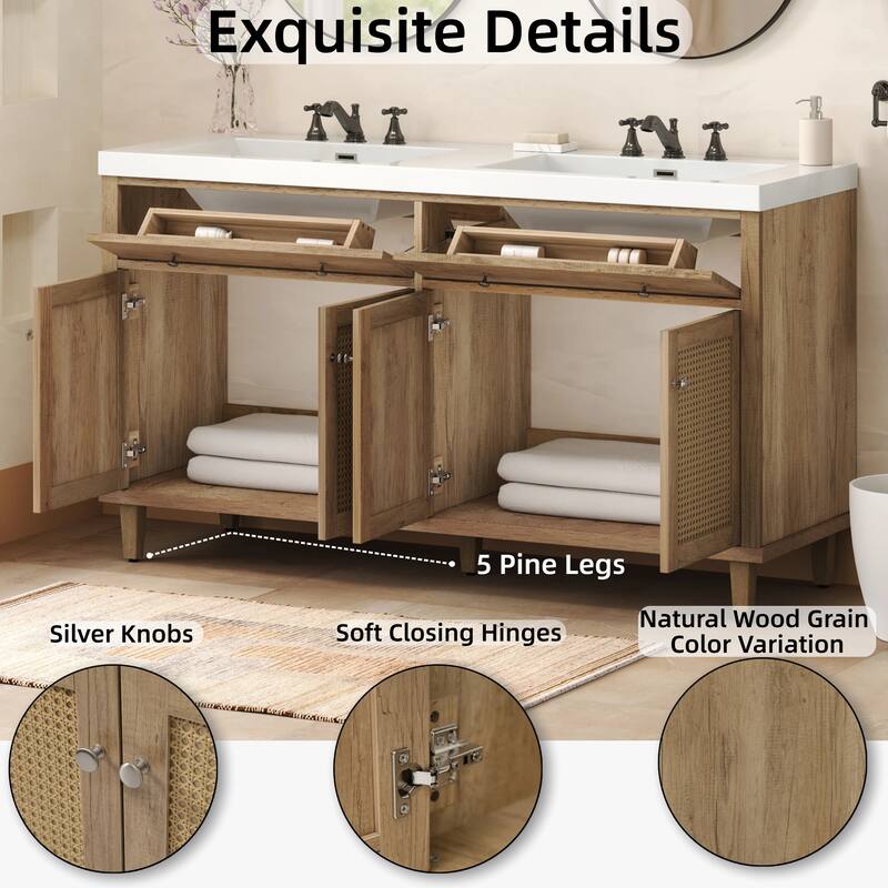 60 Inch Bathroom Vanity with Double Sink, Large Storage Space with 2 Tip-Out Trays / Flip-Out Drawers