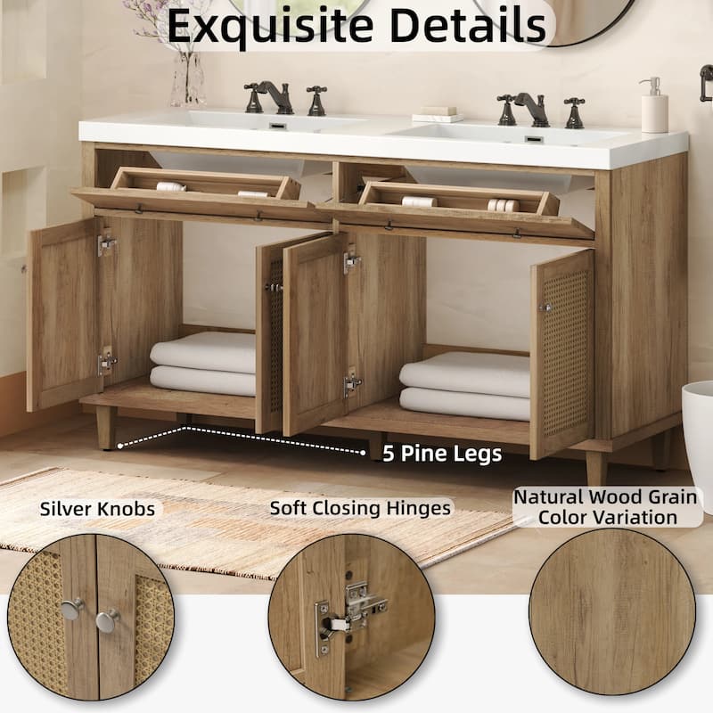 Christopher Knight Home - Bellmere 60" Modern Double Sink Bathroom Vanity with SMC Sink, Soft-Close Storage, and Solid Wood Legs