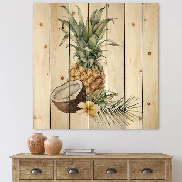 slide 1 of 4, Designart 'Pineapple With Coconut Plumeria and Palm Leaves' Traditional Print on Natural Pine Wood