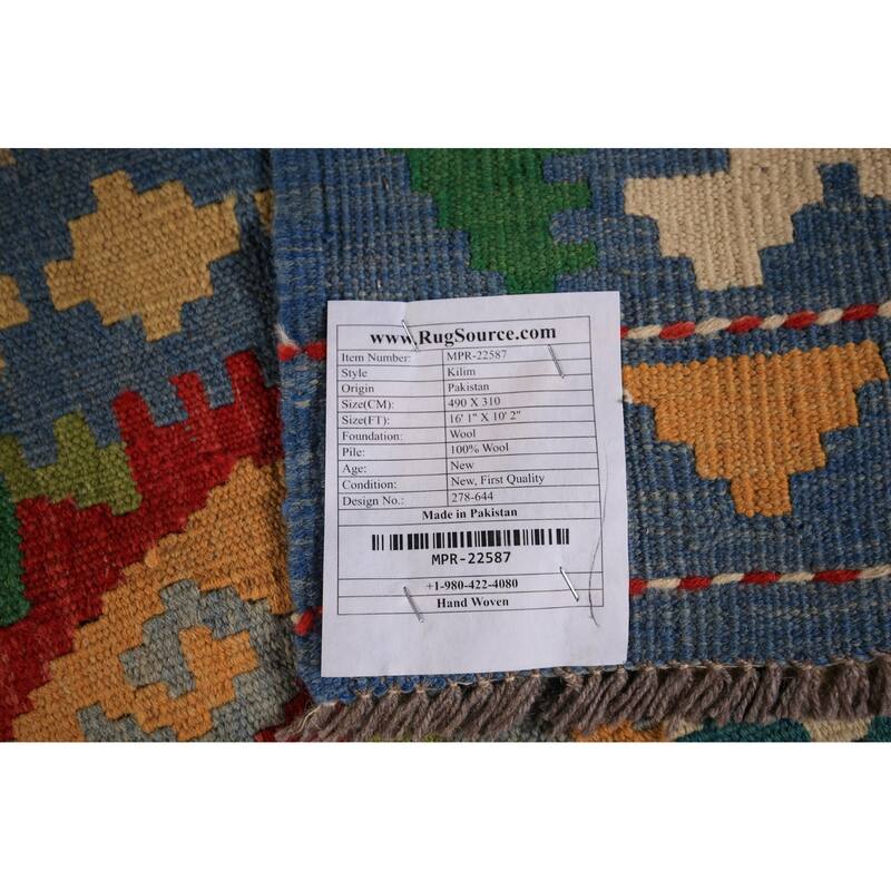 Geometric Kilim Large Rug Hand-Woven Oriental Wool Carpet - 10'2" x 16'1"
