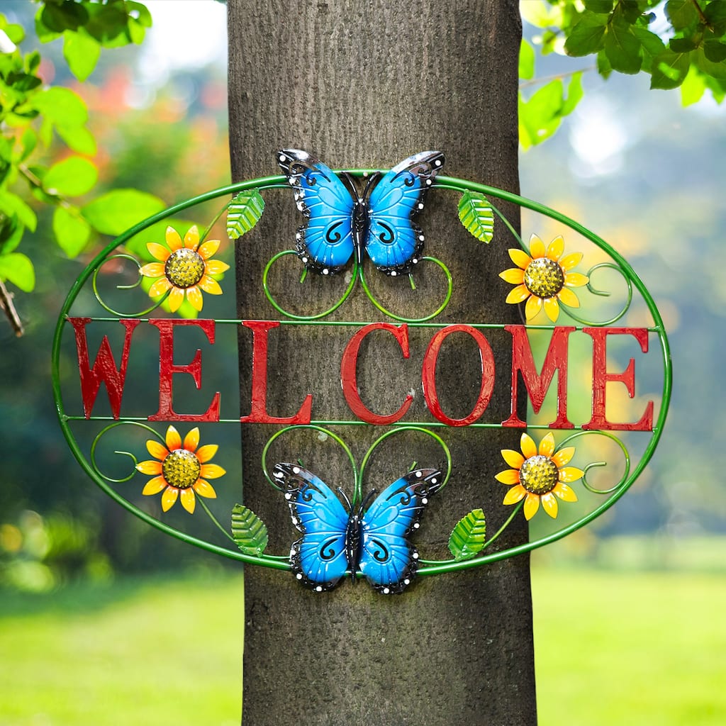 Glitzhome 24"L Spring Metal Sunflower Butterfly Welcome Wall Decor