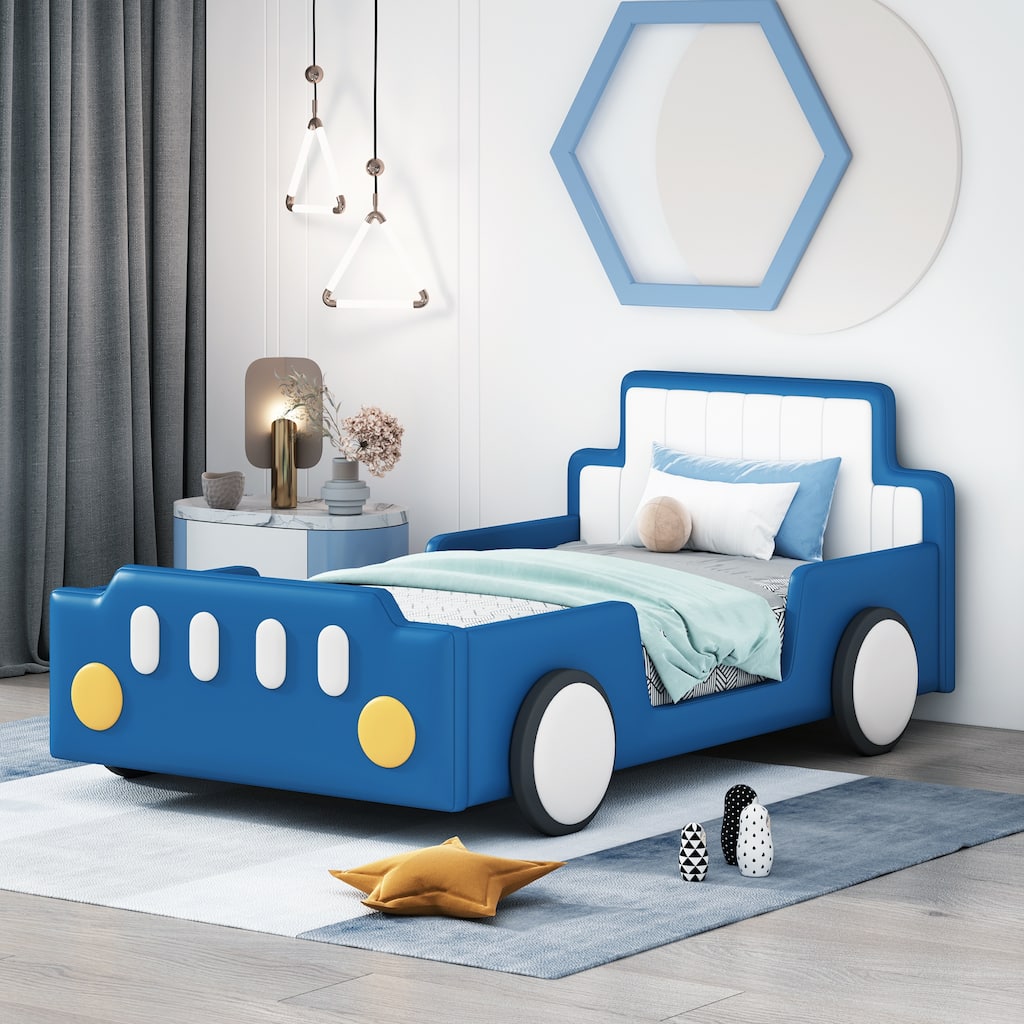 Blue Modern Design Twin Size Race Car-Shaped Platform Bed with Wheels for Bedroom