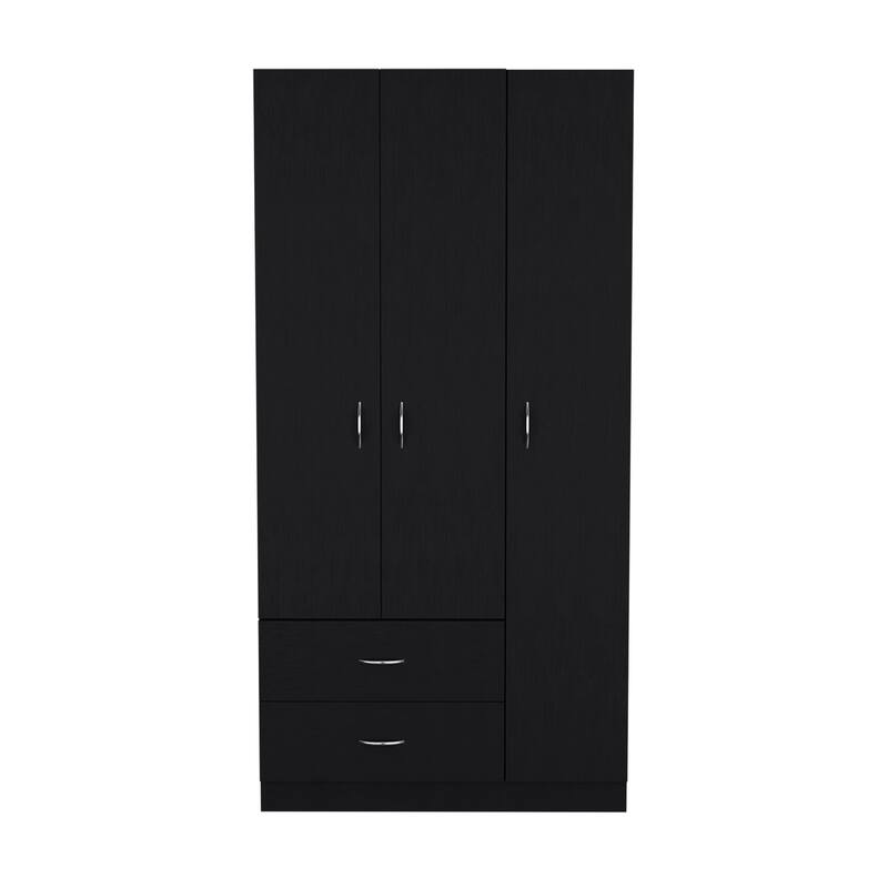 35.4" Modern Three-door Armoire with Two Drawers, Shelves and Hanging Rod