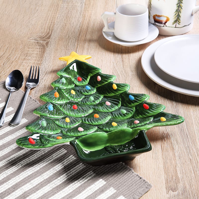 14.25'' Nostalgic Ceramic Tree Dip Platter - Green