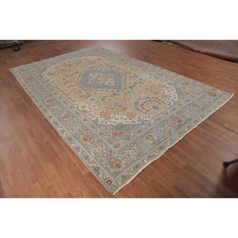Geometric Pink Tabriz Persian Vintage Area Rug Handmade Wool Carpet - 7'6" x 11'5"