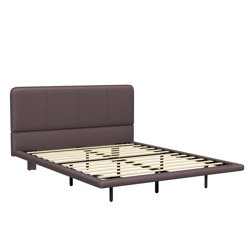 Modern Floating Bed Frame with LED Lights, PU Leather Platform Bed, Queen Size, Easy Assembly