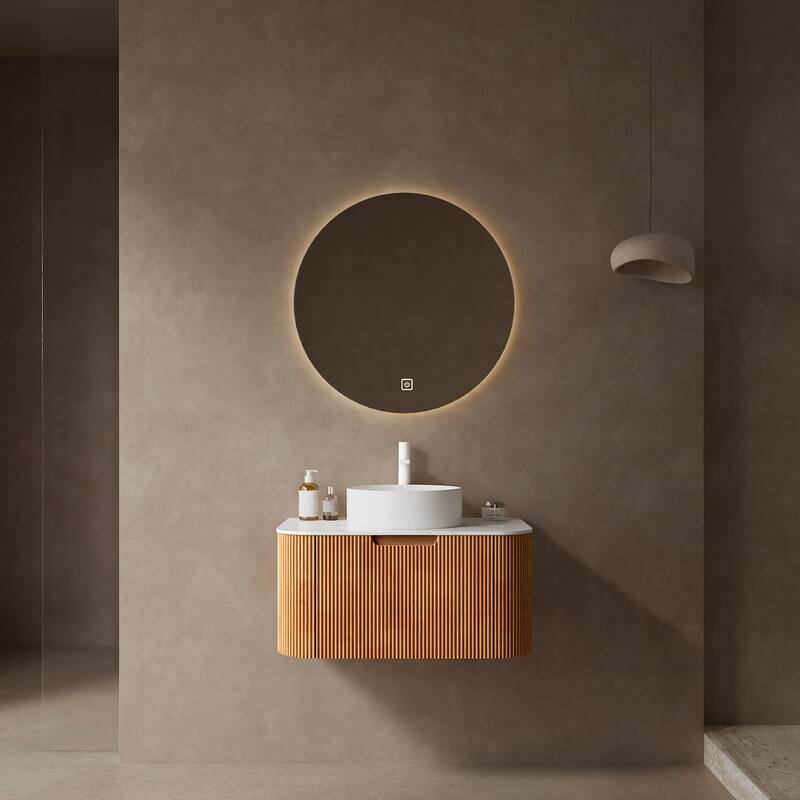 GDFStudio - Dina Modern 30" Floating Bathroom Vanity with Striped Curved Drawer & White Round Ceramic Basin, WITHOUT Faucet - Natural Wood