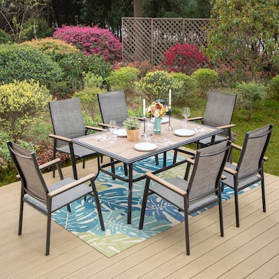 7-Piece Outdoor Patio Dining Set, 1 Rectangle Table with a 1.57 Umbrella Hole & 6 Stackable Textilene Chairs