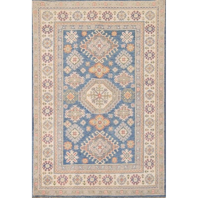 Blue Geometric Kazak Oriental Area Rug Hand-Knotted Wool Carpet - 4'0"x 5'9"