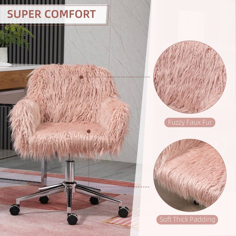 Faux Fur Home Desk Chair, Swivel Vanity Chair with Wheels, Fluffy Armchair with Adjustable Height, Ergonomic Computer Chair