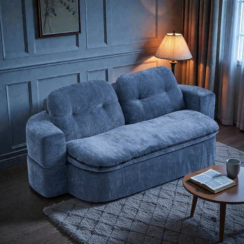 Modern Convertible Floor Sofa Bed with Pillows, Corduroy Foldable Sleeper Sofa Mattress with Built-In Quilt, No Assembly - Dark Blue