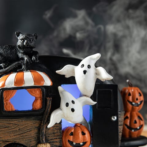Glitzhome 9.25''L Halloween Polyresin Lighted Camper with Ghost & Pumpkin & Black Cat Table Decor
