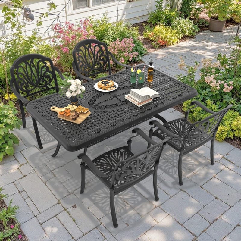 5-Piece Cast Aluminum Outdoor Dining Set with Brown Seat Cushions