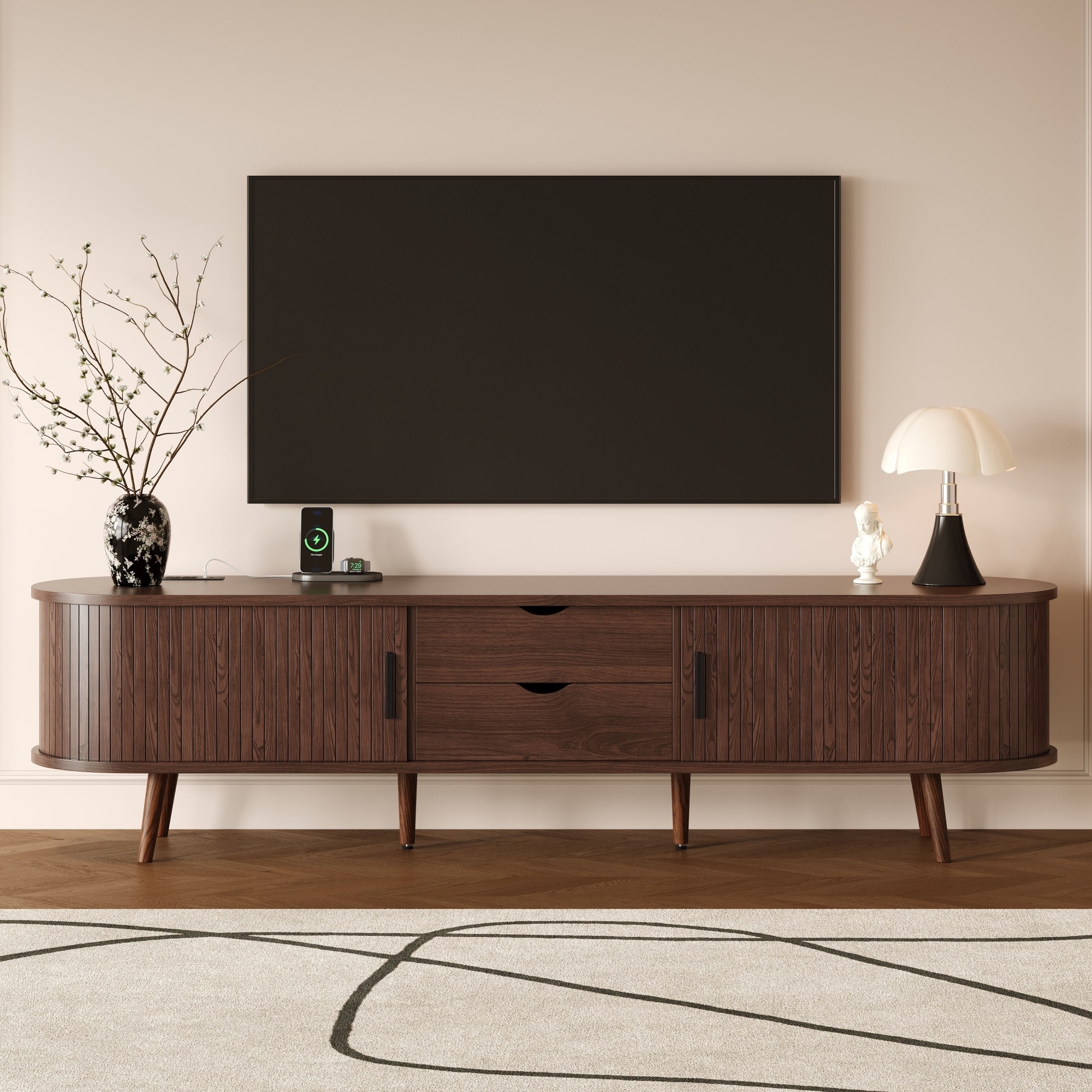Mid Century Modern TV Stand for TVs up to 80 Inch, Sliding Barn Door TV Cabinet Media Console Table with Outlets and USB Ports