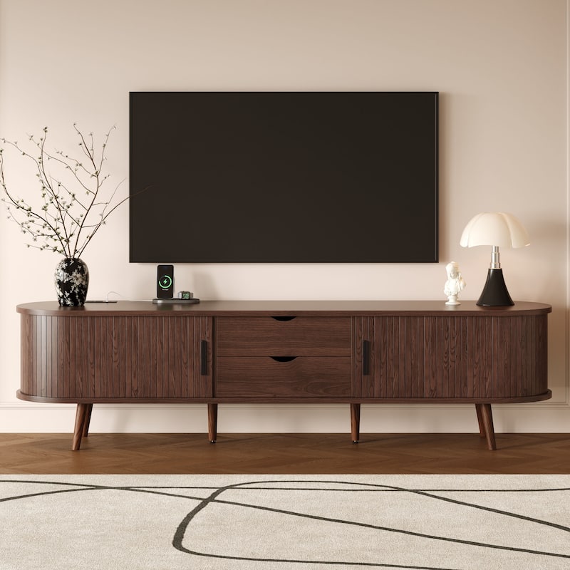 Mid Century Modern TV Stand for TVs up to 80 Inch, Sliding Barn Door TV Cabinet Media Console Table with Outlets and USB Ports - Dark Brown