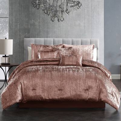 Blush Crinkle Velvet 7PC Queen Bedding Comforter Set All-season Reversible Bed in a Bag