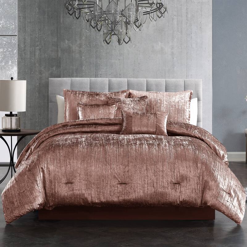 Riverbrook Home Turin Crinkled Velvet Comforter Collection - Blush - Queen - 7 Piece