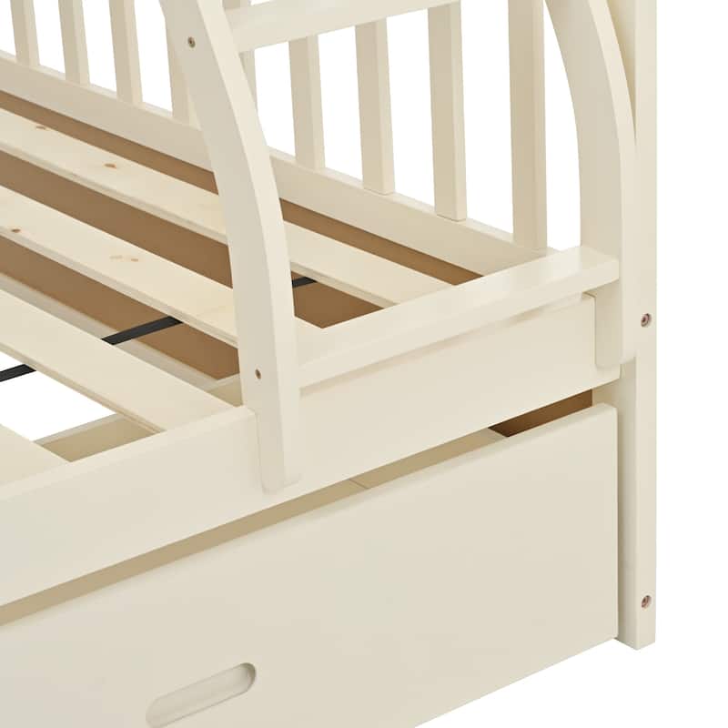 Cream Twin Over Full Bunk Bed with Storage Drawers, Solid Wood Frame, Safety Guard Rails