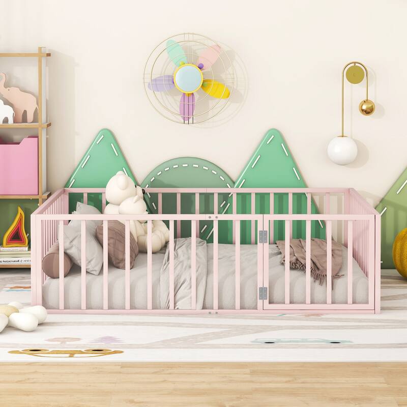 Metal Floor Bed Frame with Fence and Door for Kids' Bedroom