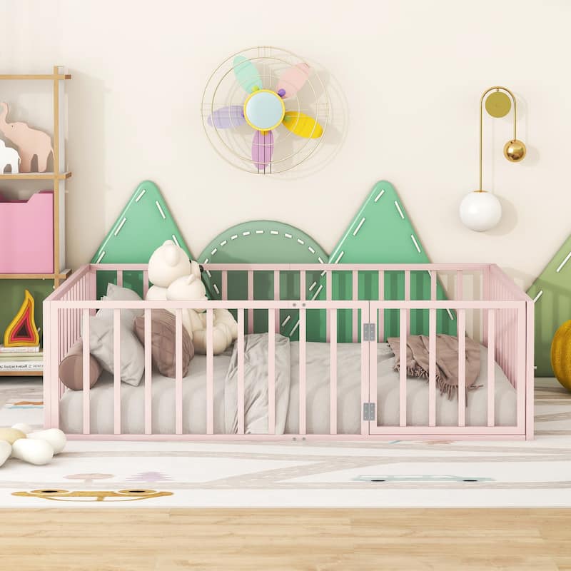 Pink Full Size Metal Floor Bed Frame with Fence and Door for Kids
