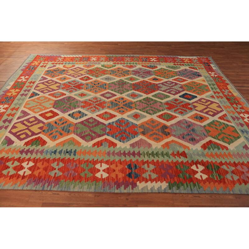 South Western Style Kilim Oriental Rug Hand-Woven Wool Carpet - 8'1"x 9'9"