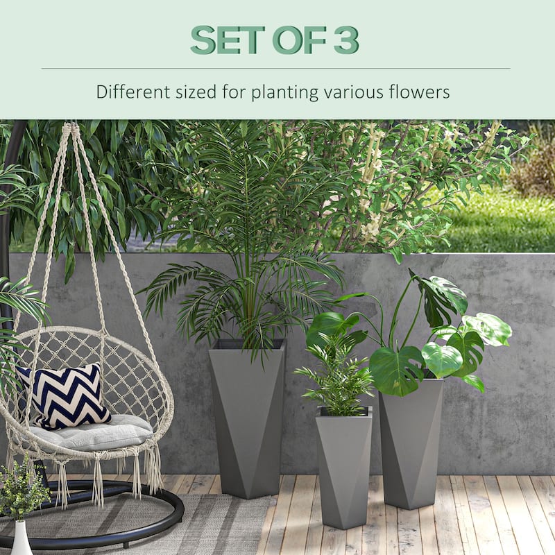Outsunny 28.75", 24.5", 20.5" Tall Planters Set of 3, MgO Indoor Outdoor Planters with Drainage Holes, Stackable Flower Pots