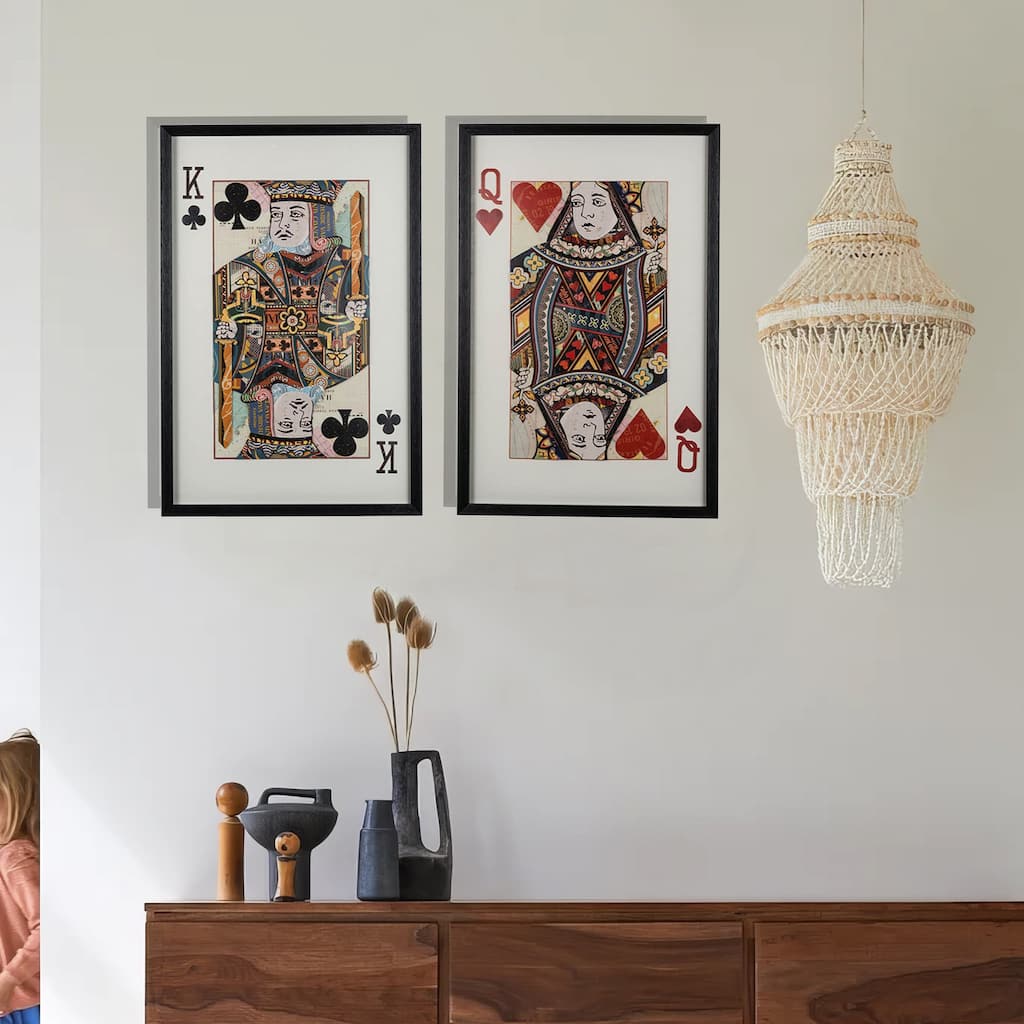 24 x 35 Set of 2 Framed Wall Art, King Queen Card Pair, Gold, Black, Red