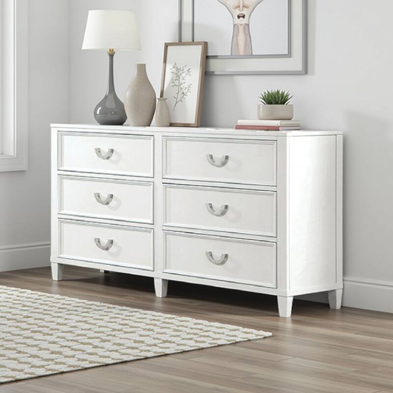 Kiki Wide Dresser with 6 Drawers, Bracket Feet, White Solid Wood