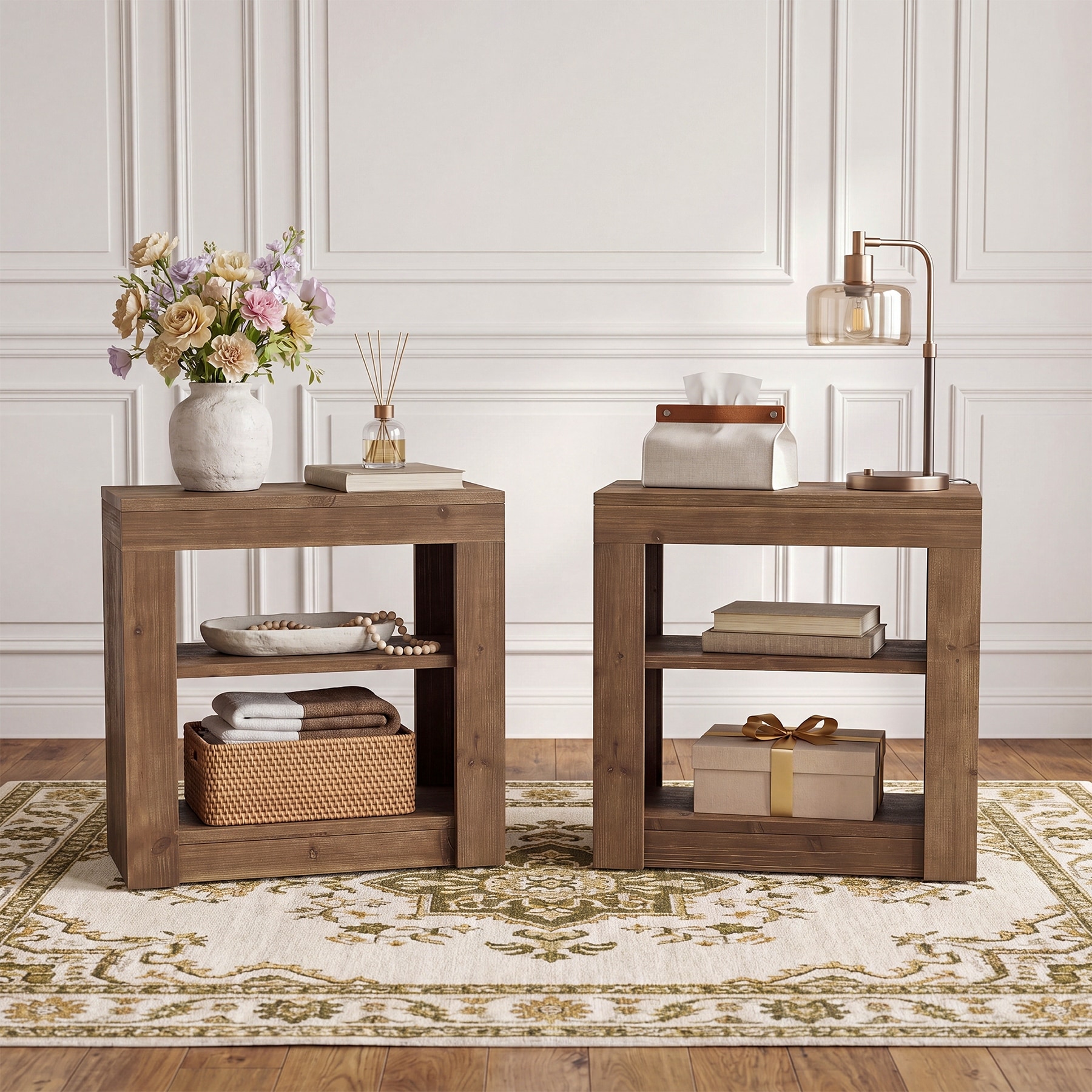 24" Solid Wood End Table, Farmhouse Nightstand with Shelves - 23.62" H x 23.62" W x 11.81" D