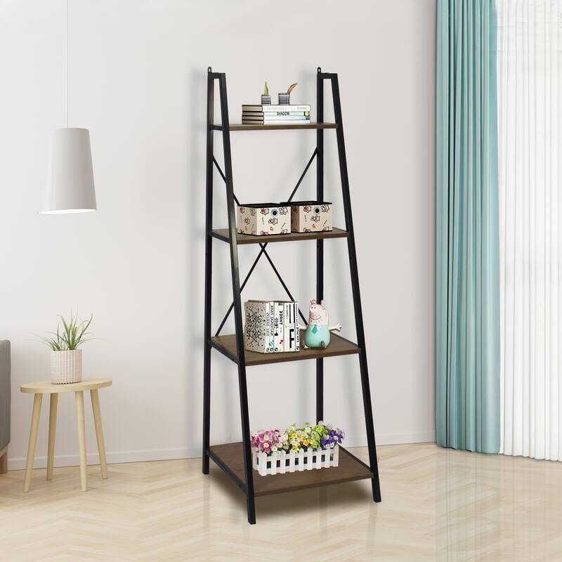 Carbon Loft Cavendish 4-tier Walnut Ladder Bookshelf with Black Frame - 20" x 15" x 53"