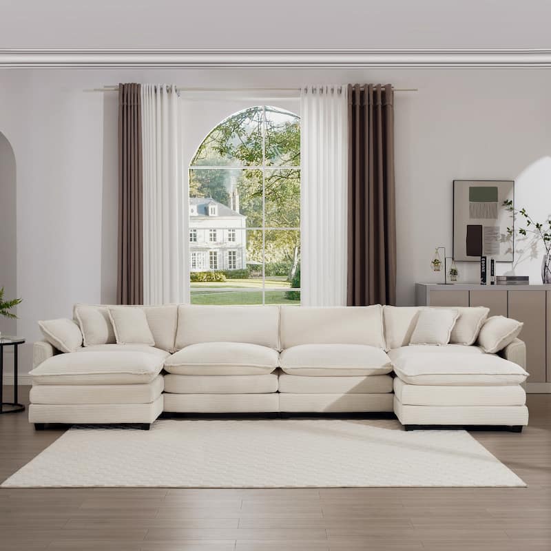 Beige 150" Corduroy Cloud Upholstered Modular U-Shaped Sectional Sofa with 2 Removable Ottoman and Free Combination Design