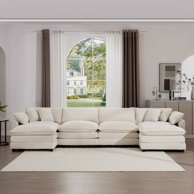U-Shape Modular Sectional Sofa Set with 2 Ottomans, 4-Seat Corduroy Upholstered Sofa with Removable Armrests for Livingroom