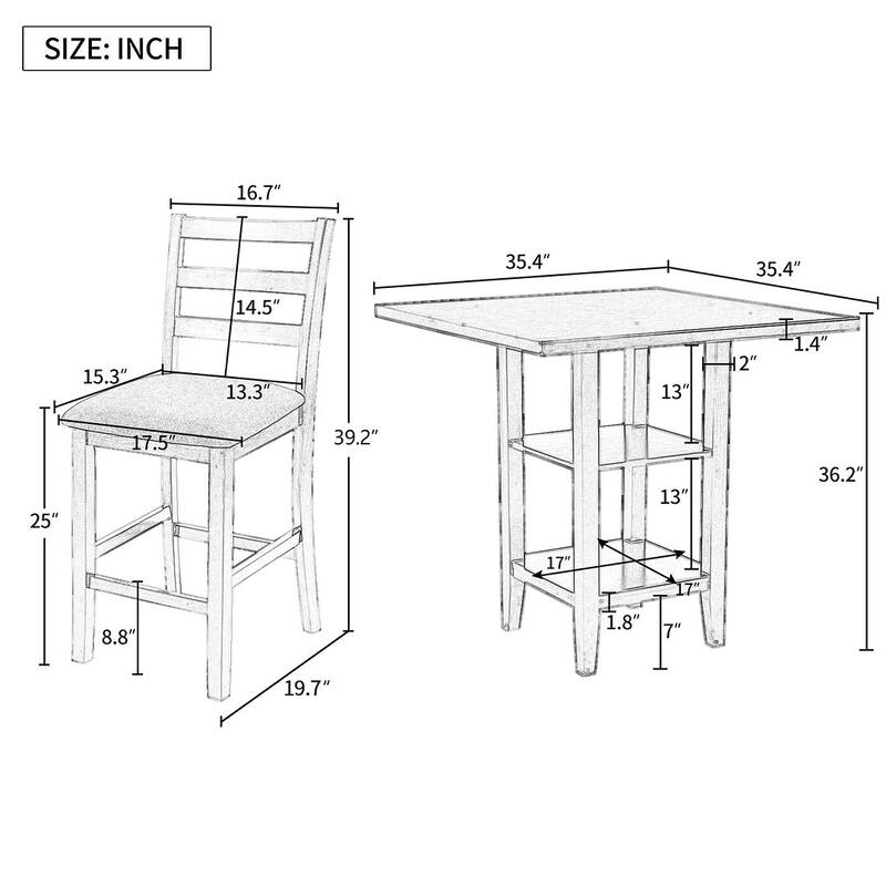 5 Piece Counter Height Square Dining Table Set with 4 Chairs - Gray