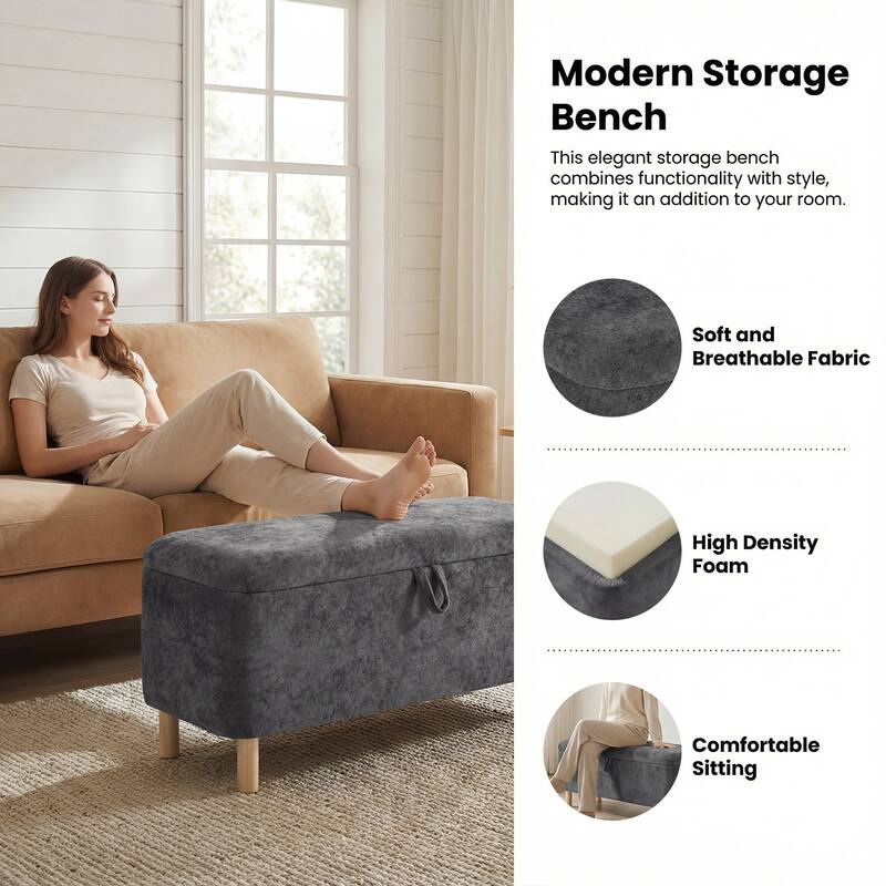 Upholstered Storage Ottoman Bench with Large Hidden Storage Fabric End of Bed Bench