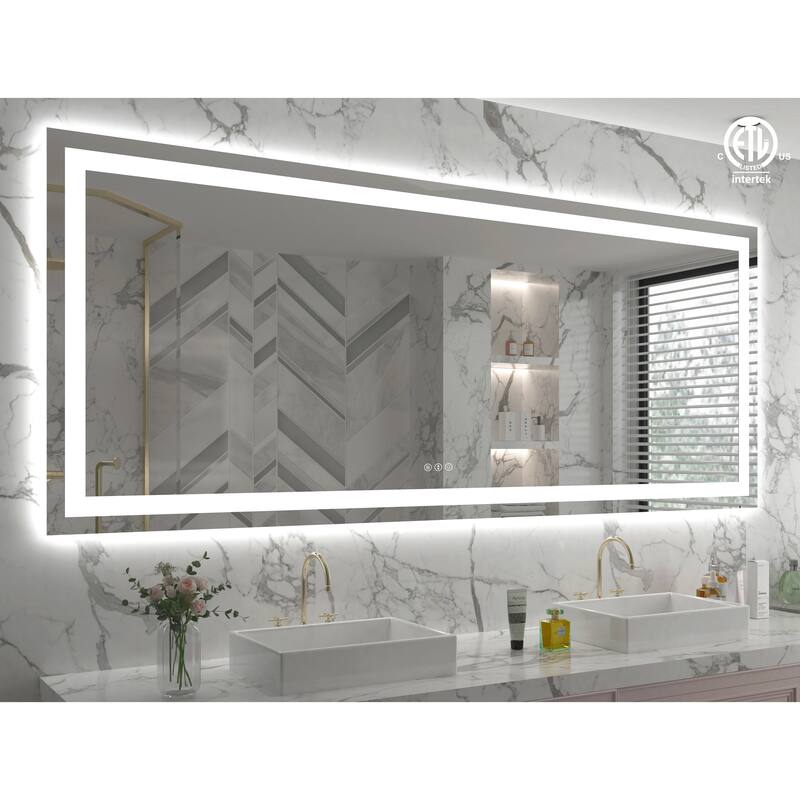 Large Rectangular Frameless Anti-Fog LED Light Wall Mounted Bathroom Vanity Mirror in White - N/A - 78" * 34"