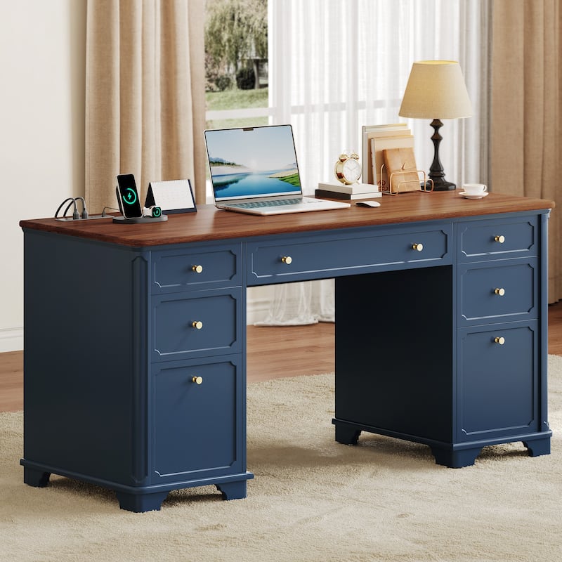 Moasis Farmhouse 59" Executive Desk with Drawers and Power Outlets Home Office Computer Desk - Blue