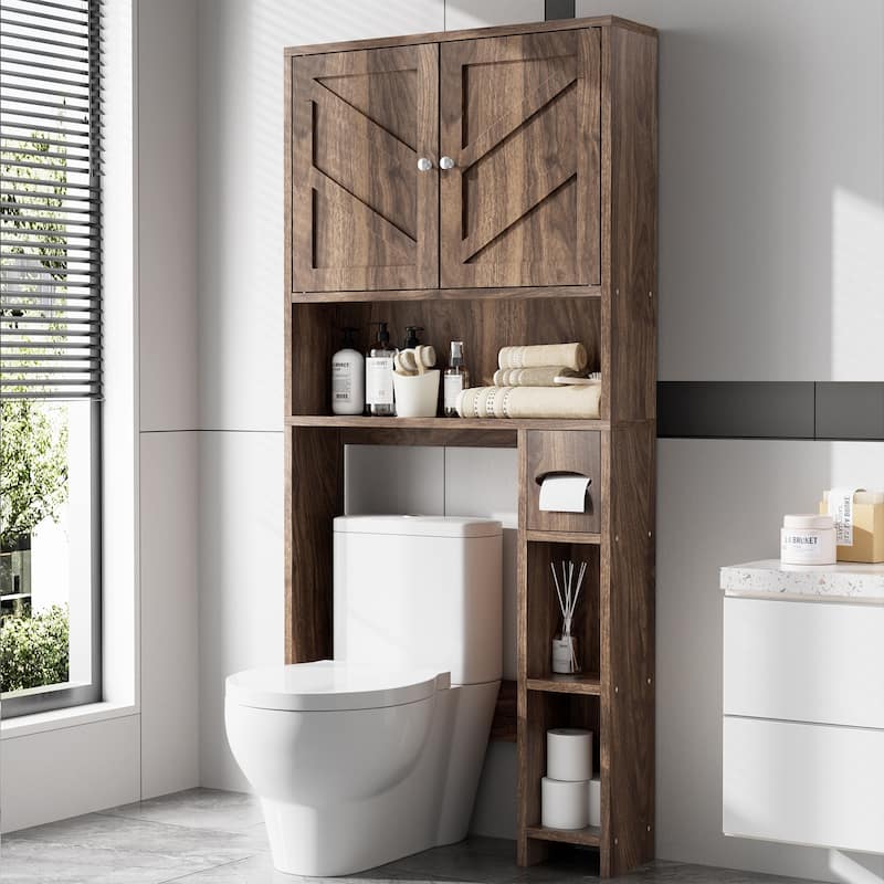 Over-The-Toilet Storage Cabinet with Side Shelves – Adjustable Bathroom Organizer - Walnut