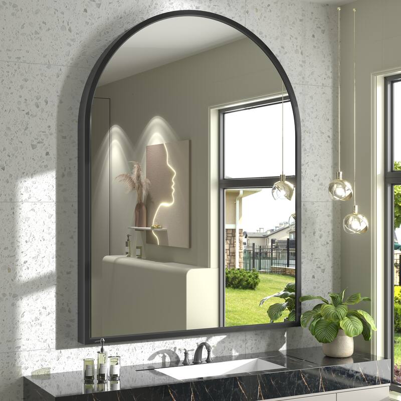 Arch High-Strength Tempered Glass and Aluminum Alloy Framed French Cleat Mounted Wall Mirror - 48" x 36" - Black