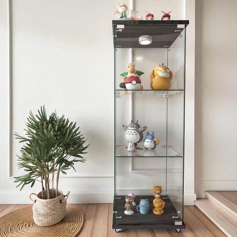 Glass Display Cabinet with Doors & Locks, Acrylic Shelves, Floor Standing Storage Showcase for Home or Office - 3Shelves - Black