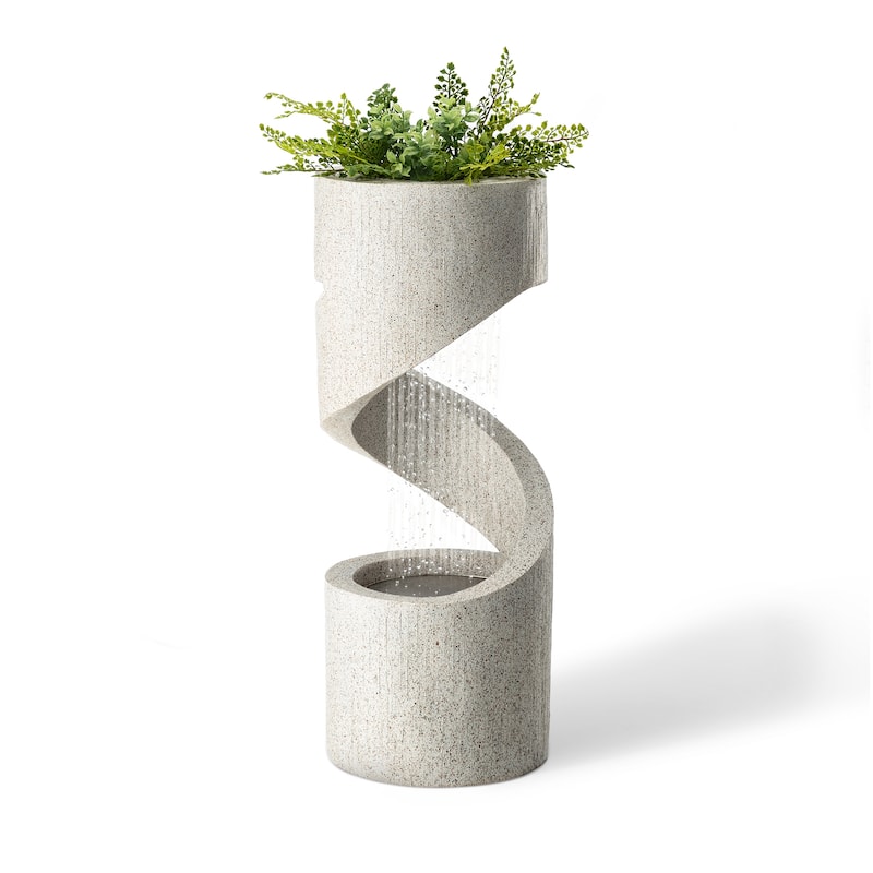Glitzhome Modern Minimalist Spiral LED Polyresin Outdoor Fountain with Small Planter