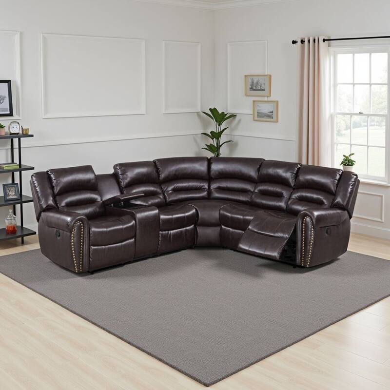 Qox Power Reclining Sectional Sofa Set, USB Port, Bonded Leather, Brown