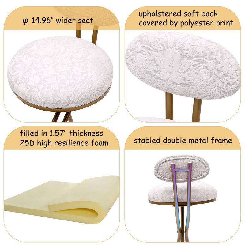 Set of 2 Round Bar Stools with Floral Print Seats - Sturdy Metal Frame for Kitchen & Dining