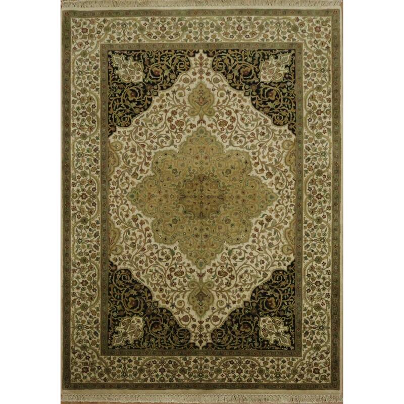 Hand Knotted Oriental 100% Wool Carpet Traditional Floral Beige & Ivories Agra Area Rug - 8' 10'' X 6' 2''