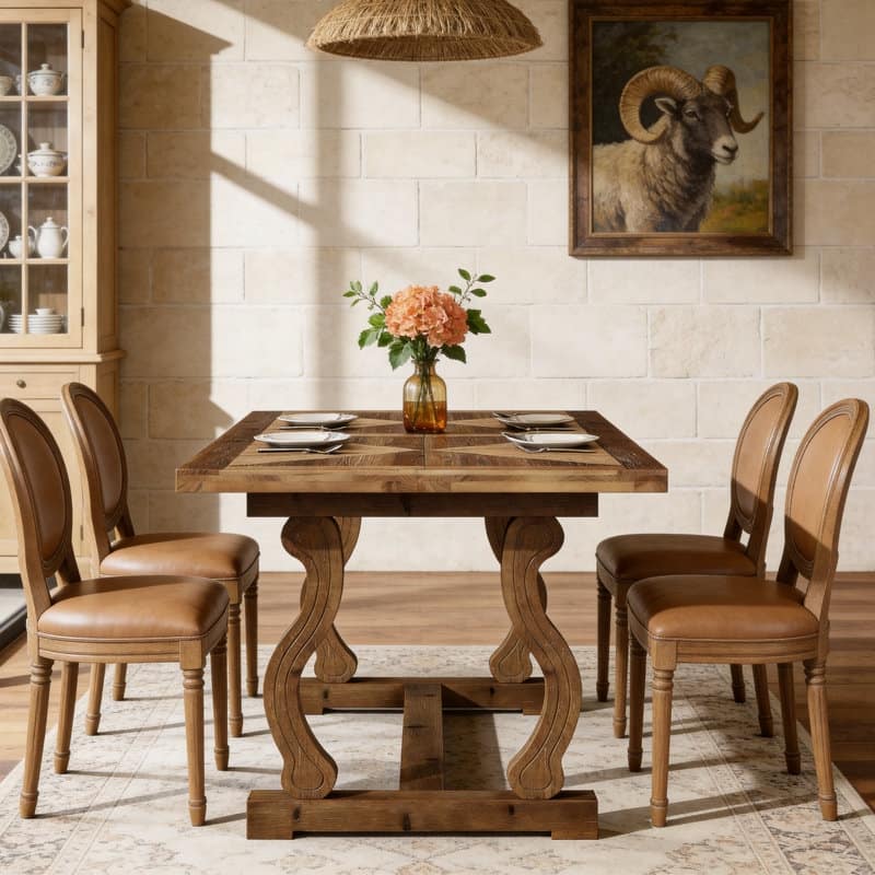 63" Solid Wood Dining Table for 4-6, Diamond Parquetry Top and S-Scroll Legs