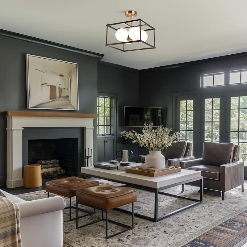 Modern 4-Light Black Gold Chandelier Square Semi Flush Mount Frosted Glass Ceiling Light for Kitchen - L13.5" x W13.5" x H13.5"