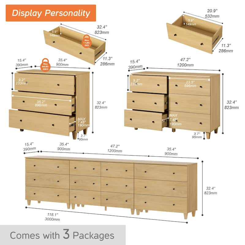 12 Drawers Modern Wood Dresser for Bedroom, 118" Wide