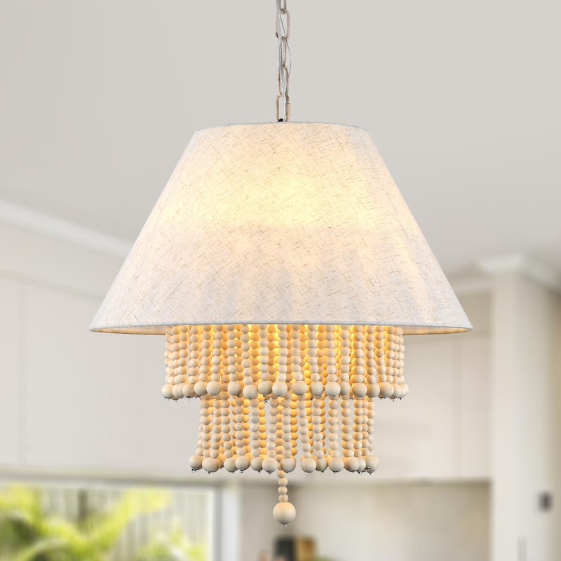 CurveCurio 24" Bo-Ho Style Modern Chandelier with Soild Wood Beads Accent and Beige Fabic Light Shade - 3 Lights